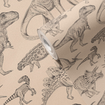 PASTELOVELOVE Tapeta na ścianę dla dzieci, w pasach Dinozaury - beżowa