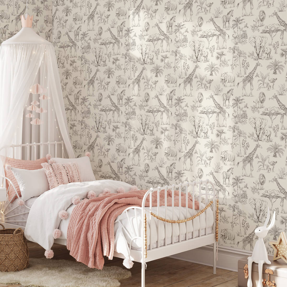 PASTELOVELOVE Tapeta na ścianę dla dzieci, w pasach Safari - cream