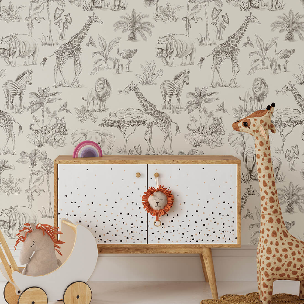 PASTELOVELOVE Tapeta na ścianę dla dzieci, w pasach Safari - cream