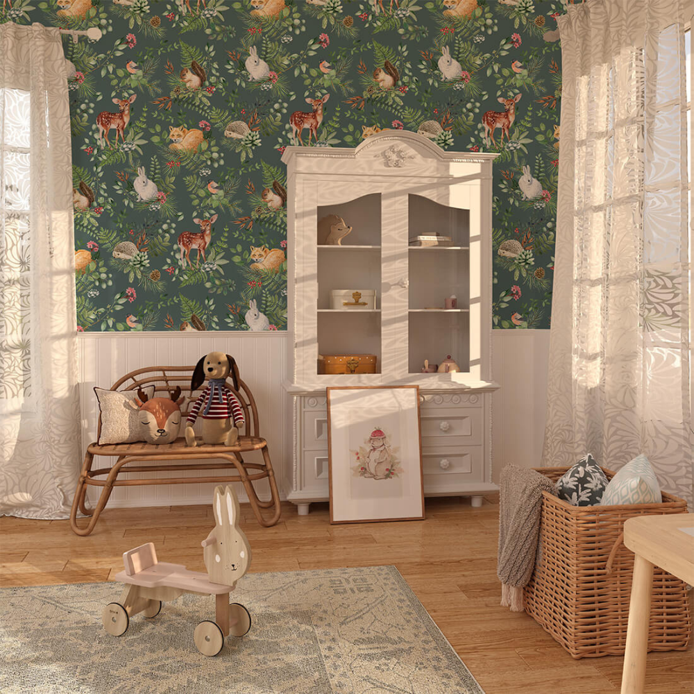 PASTELOVELOVE Tapeta na ścianę dla dzieci, w pasach Woodland - zielona