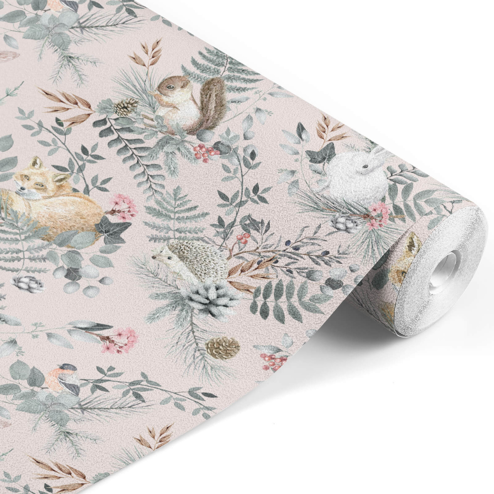 PASTELOVELOVE Tapeta na ścianę dla dzieci, w pasach Woodland - różowa