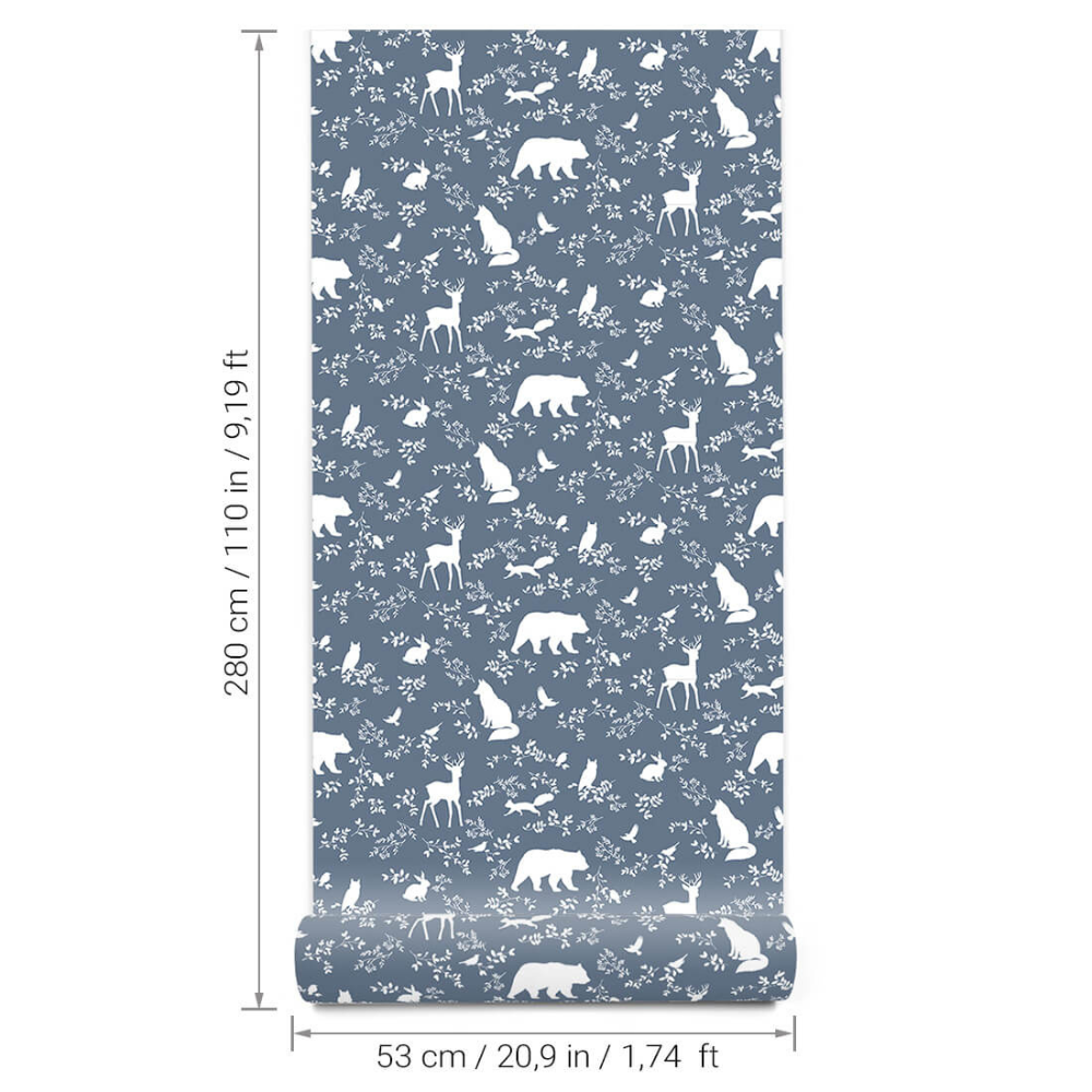 PASTELOVELOVE Tapeta na ścianę dla dzieci, w pasach Leśne zwierzęta - niebieska