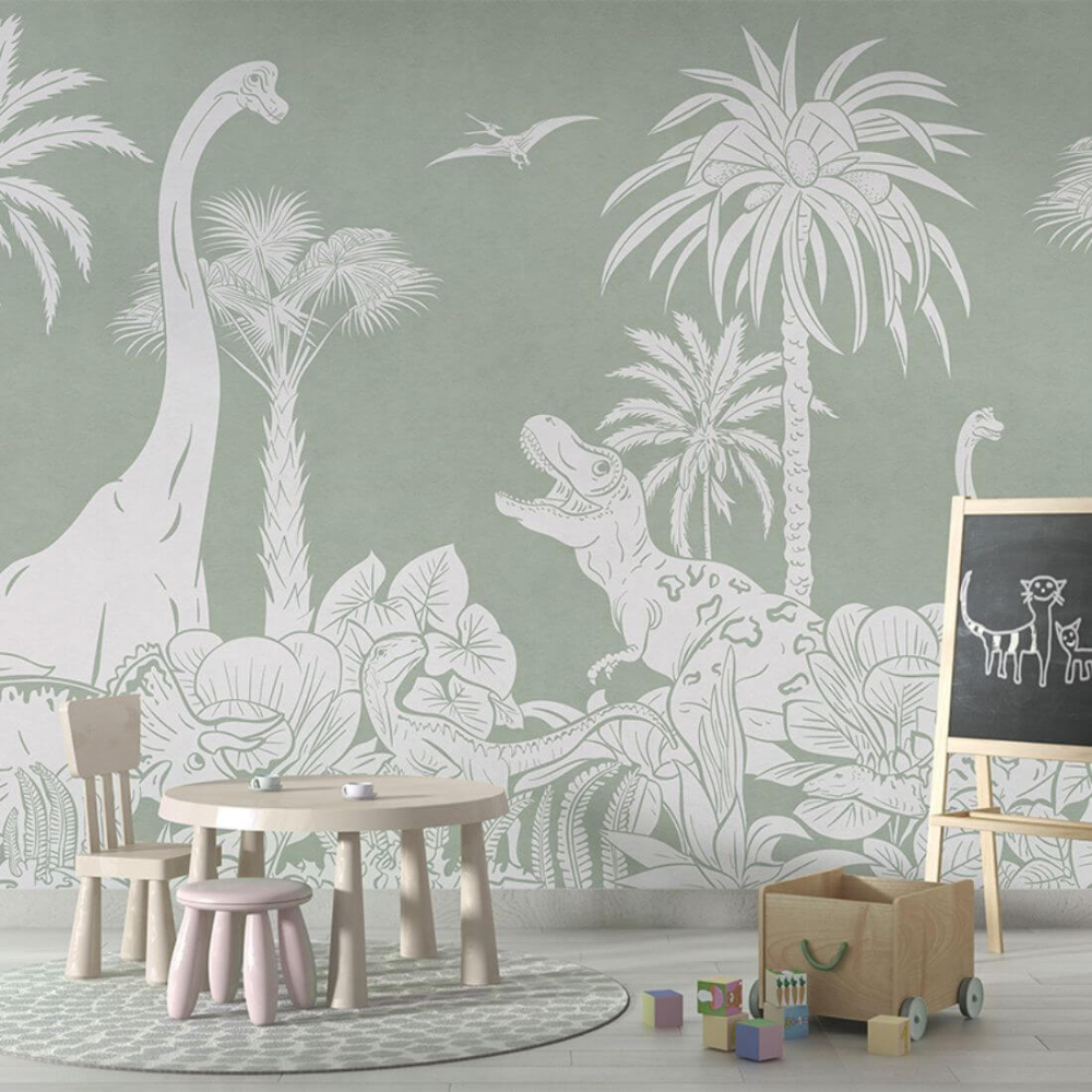 PASTELOVELOVE Tapeta na ścianę dla dzieci na wymiar Monochrome dinozaury zielona