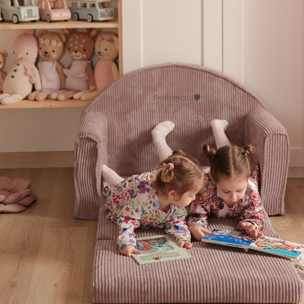 Muzpony Sztruksowa rozkładana mini sofa dziecięca Magenta Grey