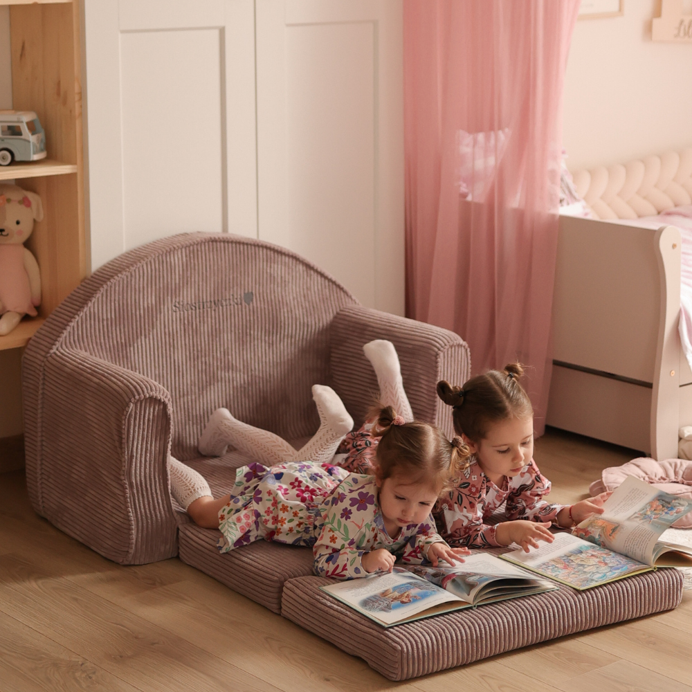 Muzpony Sztruksowa rozkładana mini sofa dziecięca Magenta Grey
