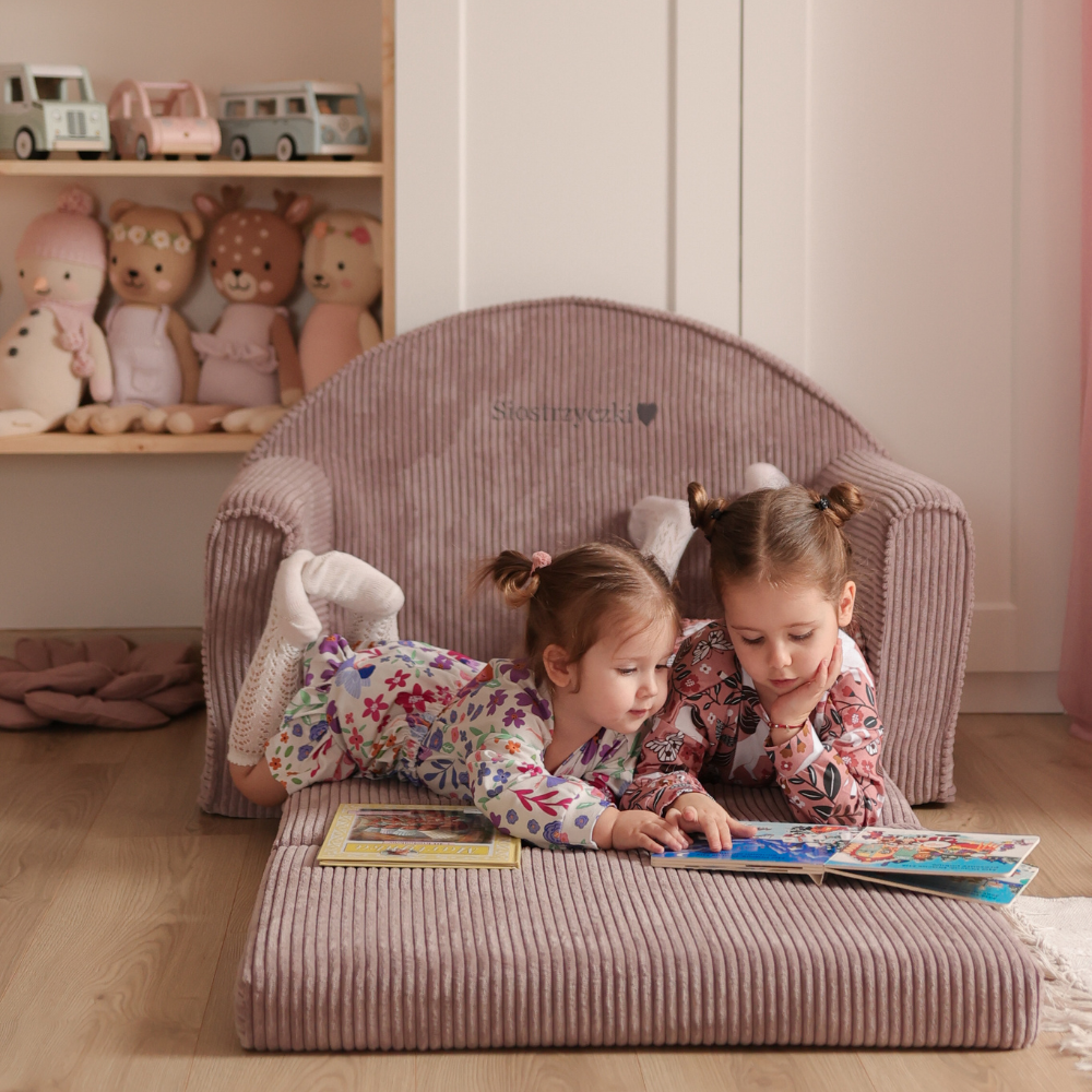 Muzpony Sztruksowa rozkładana mini sofa dziecięca Magenta Grey - Personalizacja