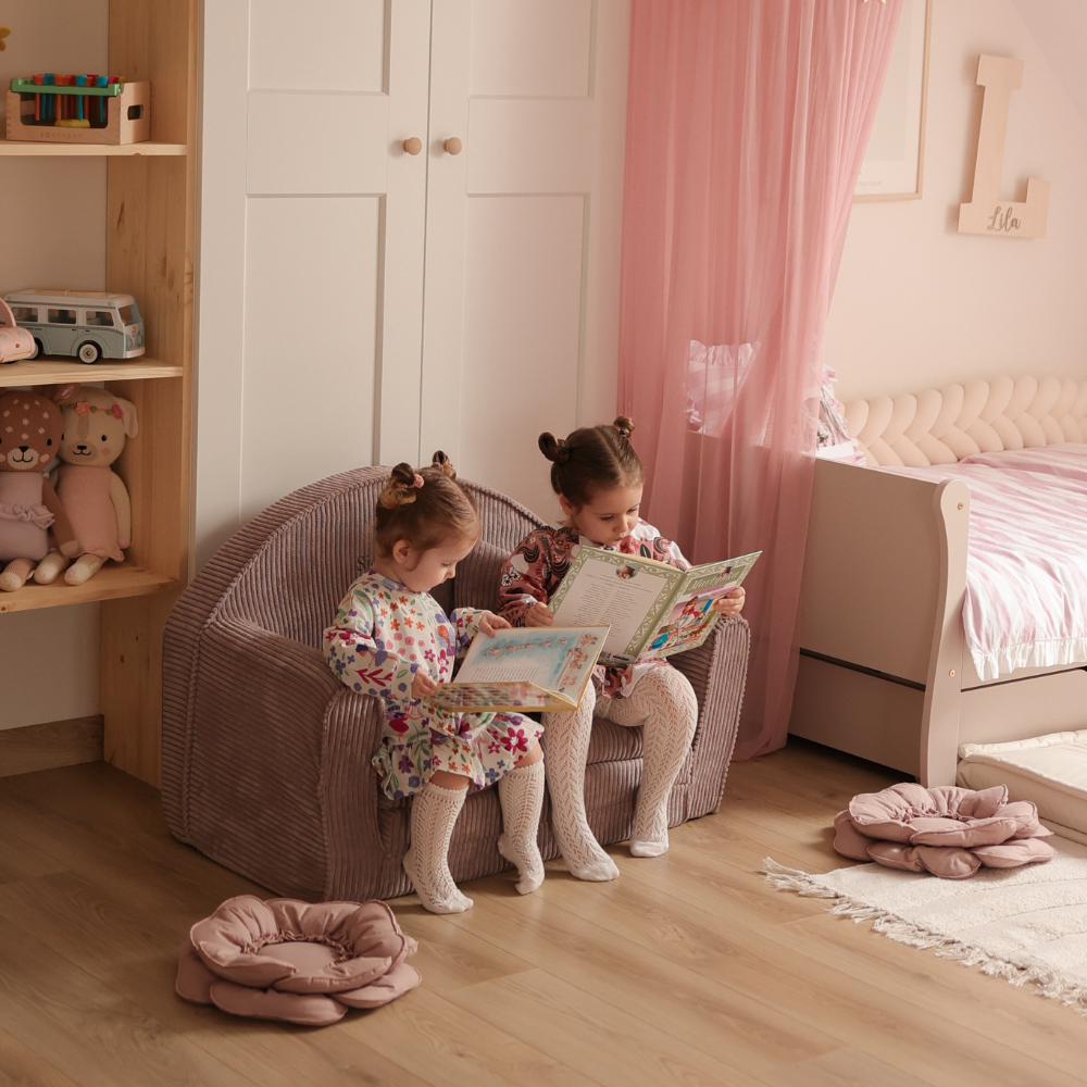 Muzpony Sztruksowa rozkładana mini sofa dziecięca Magenta Grey - Personalizacja