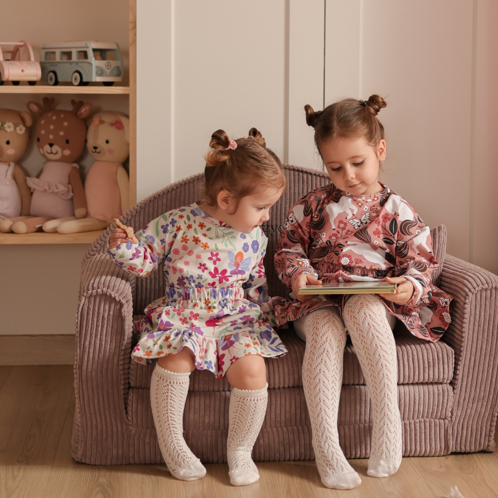 Muzpony Sztruksowa rozkładana mini sofa dziecięca Magenta Grey - Personalizacja