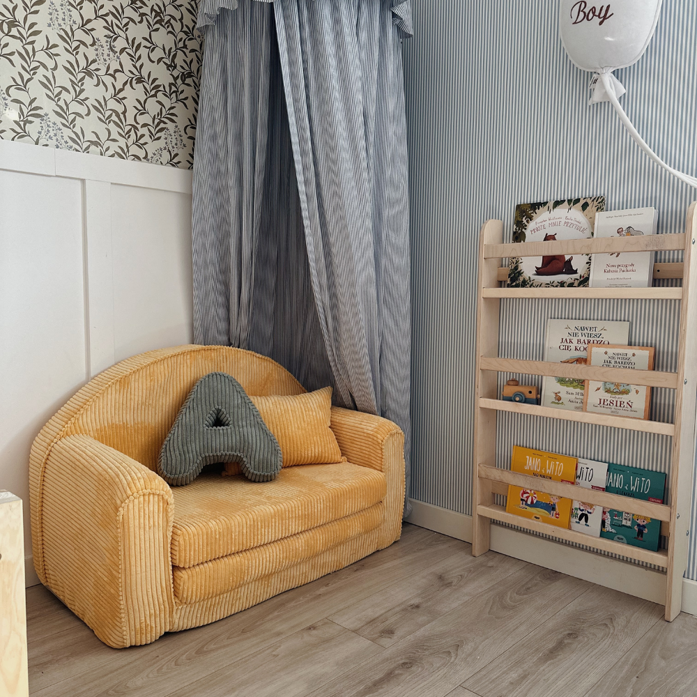 Muzpony Sztruksowa rozkładana mini sofa dziecięca Sandy Yellow - Personalizacja