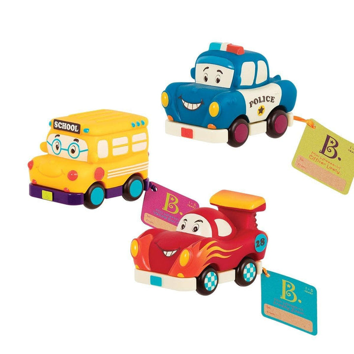 B.Toys Trzy miękkie autka z napędem-radiowóz, wyścigówka, autobus