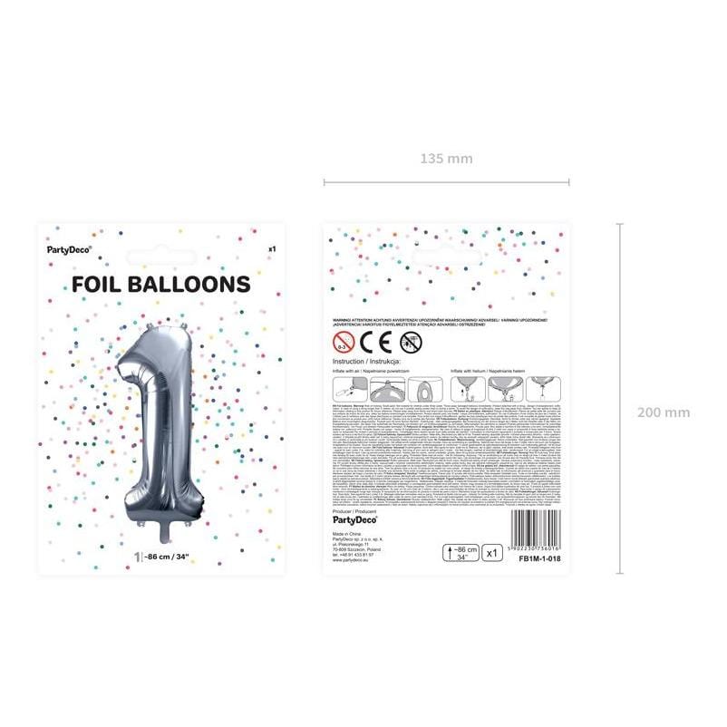 Party Deco Balon foliowy Cyfra 1 srebrny 86cm - 4kidspoint.pl