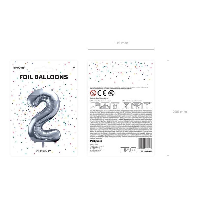 Party Deco Balon foliowy Cyfra 2 srebrny 86cm - 4kidspoint.pl