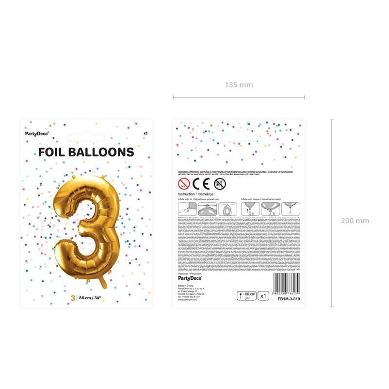 Party Deco Balon foliowy Cyfra 3 złoty 86 cm - 4kidspoint.pl