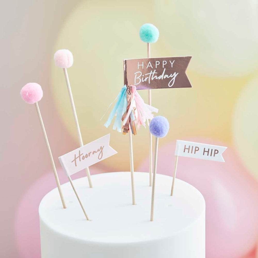 Gingerray Topper na tort urodzinowy Pom Pom Happy Birthday
