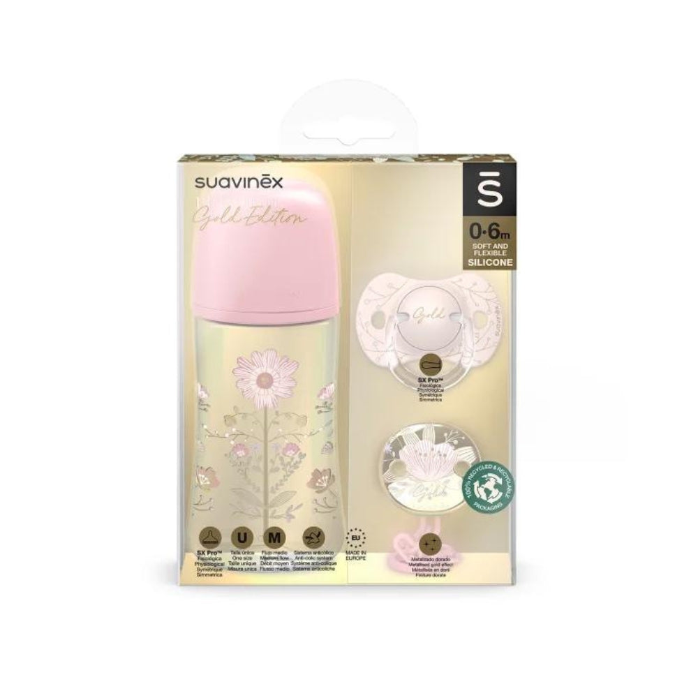 Suavinex Zestaw Gold Edition smoczek, klips, butelka 270 ml Różowy