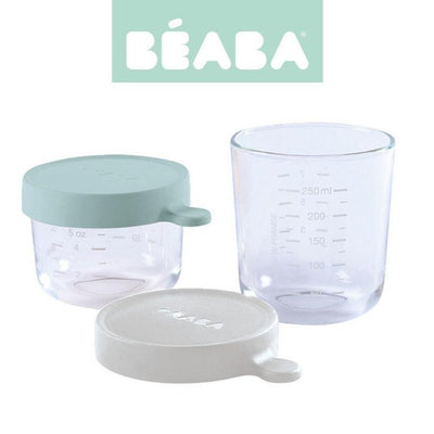 Beaba 2 pojemniki szklane do zamrażania i przechowywania 150 + 250 ml airy green