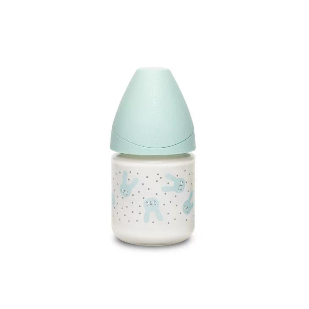 Suavinex Hygge Baby Premium Butelka szklana 120 ml smoczek okrągły silikonowy o wolnym przepływie Królik miętowy 0+