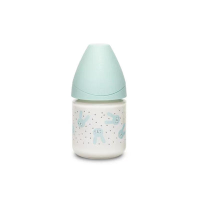 Suavinex Hygge Baby Premium Butelka szklana 120 ml smoczek okrągły silikonowy o wolnym przepływie Królik miętowy 0+