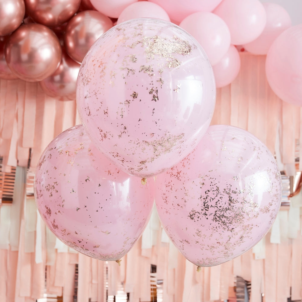Gingerray balony foliowe Double Layered Pink and Rose Gold Confetti Balloons