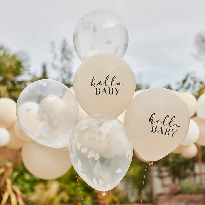 Gingerray balony foliowe Hello Baby Taupe and Cloud Confetti Baby Shower Balloons
