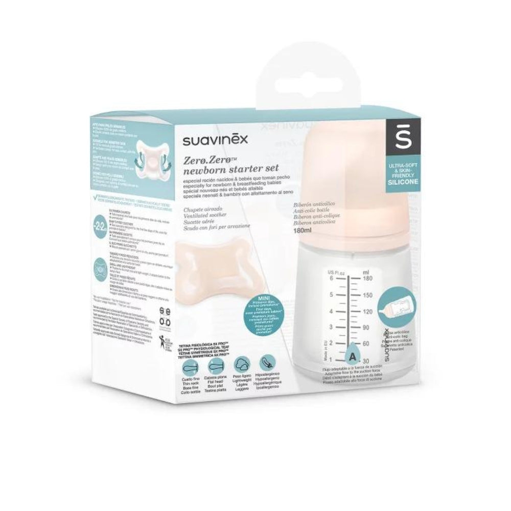 Suavinex zestaw startowy Zero butelka 180ml regulowany przepływ smoczek -2-2m