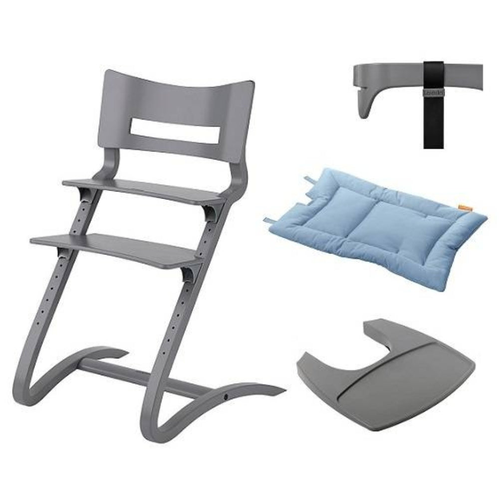 LEANDER Krzesełko do karmienia CLASSIC szare + barierka, tacka, poduszka Dusty Blue