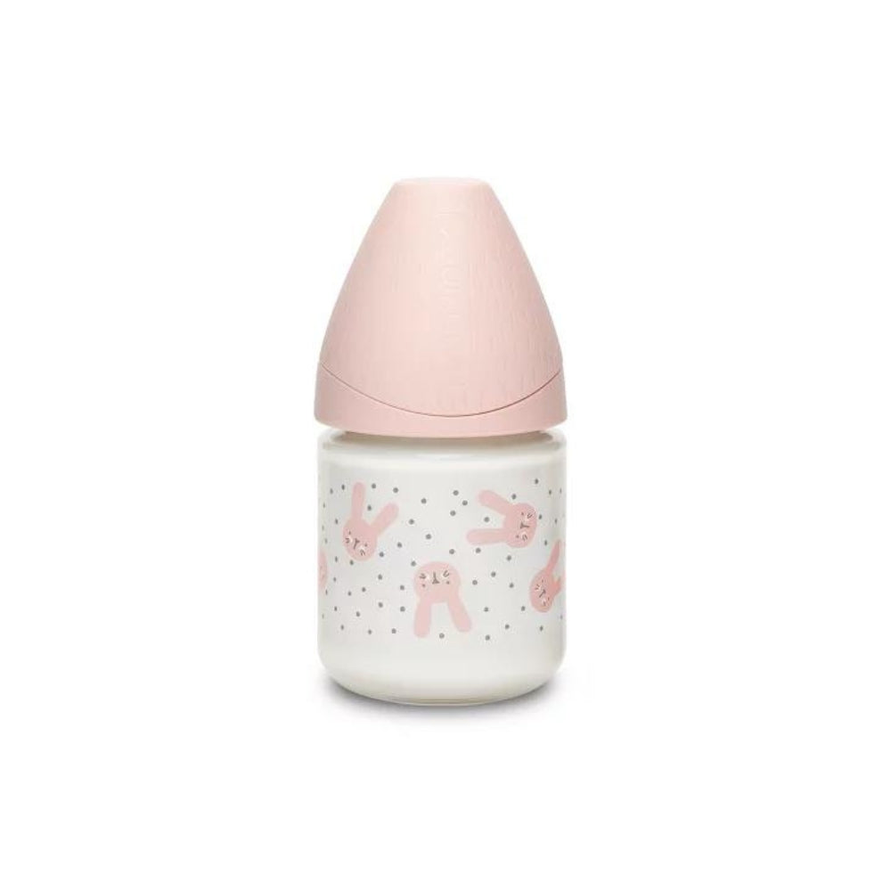 Suavinex Hygge Baby Premium Butelka szklana 120 ml smoczek okrągły silikonowy o wolnym przepływie Królik różowy 0+