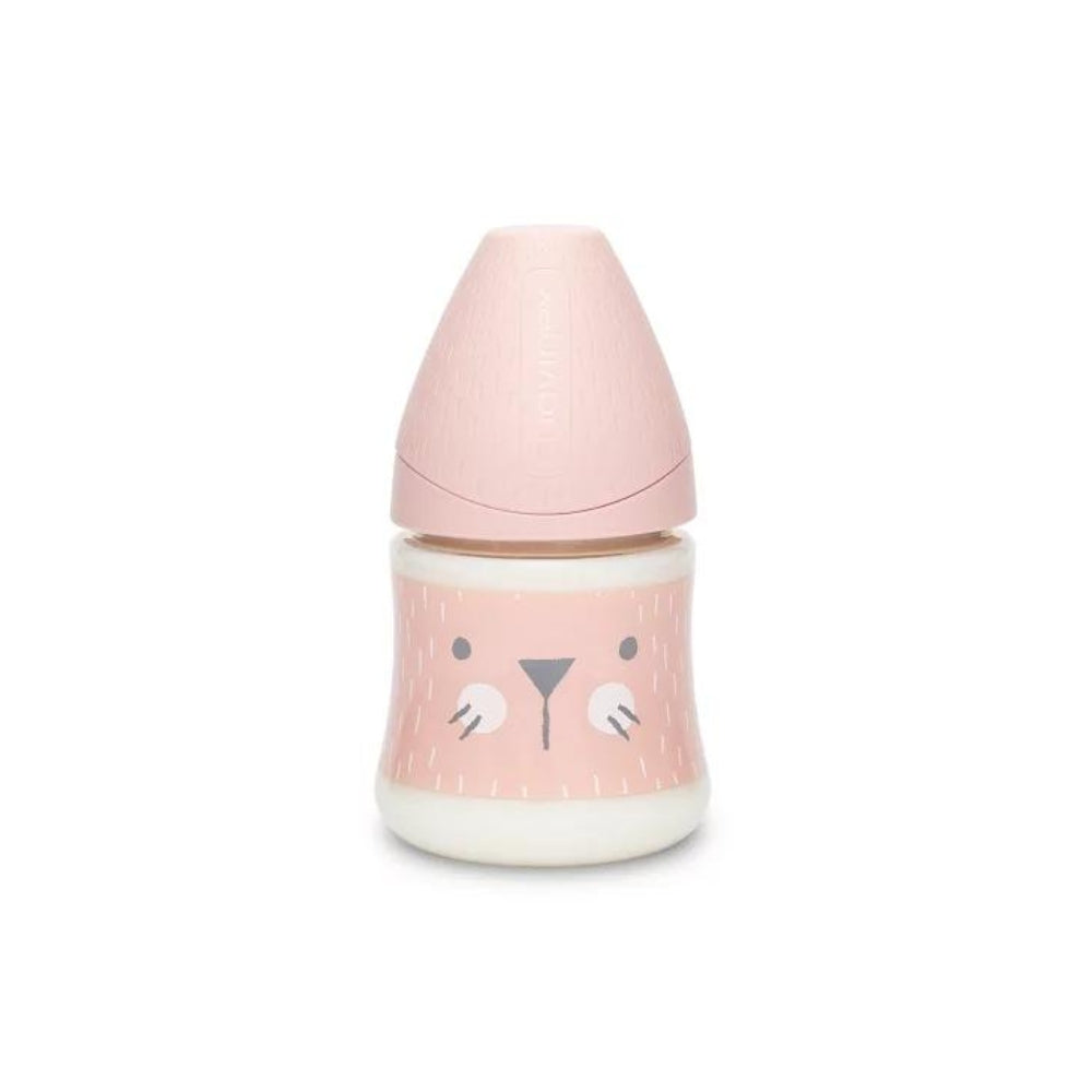 Suavinex Hygge Baby Premium Butelka 150ml smoczek okrągły silikonowy o wolnym przepływie Kotek różowy 0+