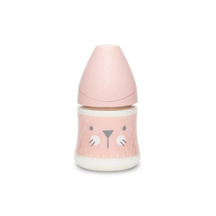 Suavinex Hygge Baby Premium Butelka 150ml smoczek okrągły silikonowy o wolnym przepływie Kotek różowy 0+