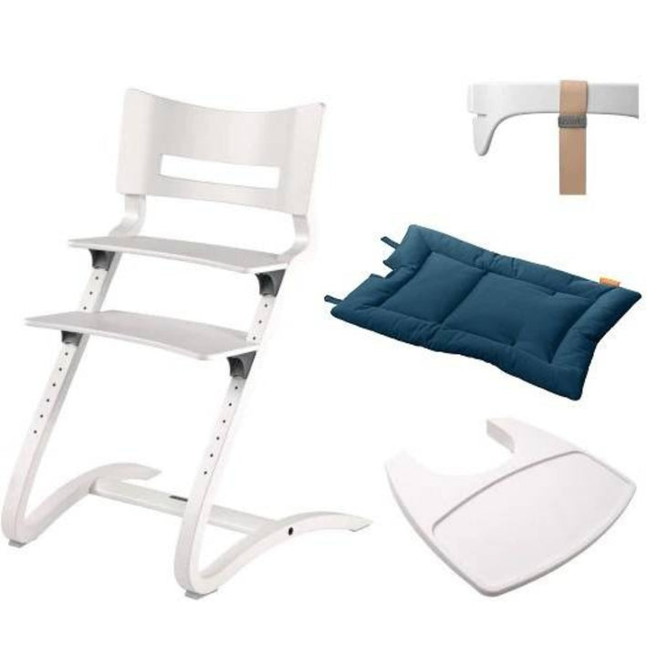 LEANDER Krzesełko do karmienia CLASSIC białe + barierka, tacka, poduszka Dark Blue