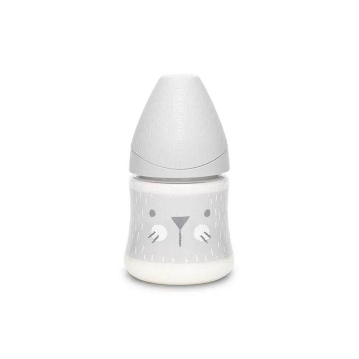 Suavinex Hygge Baby Premium Butelka 150ml smoczek okrągły silikonowy o wolnym przepływie Kotek szary  0+