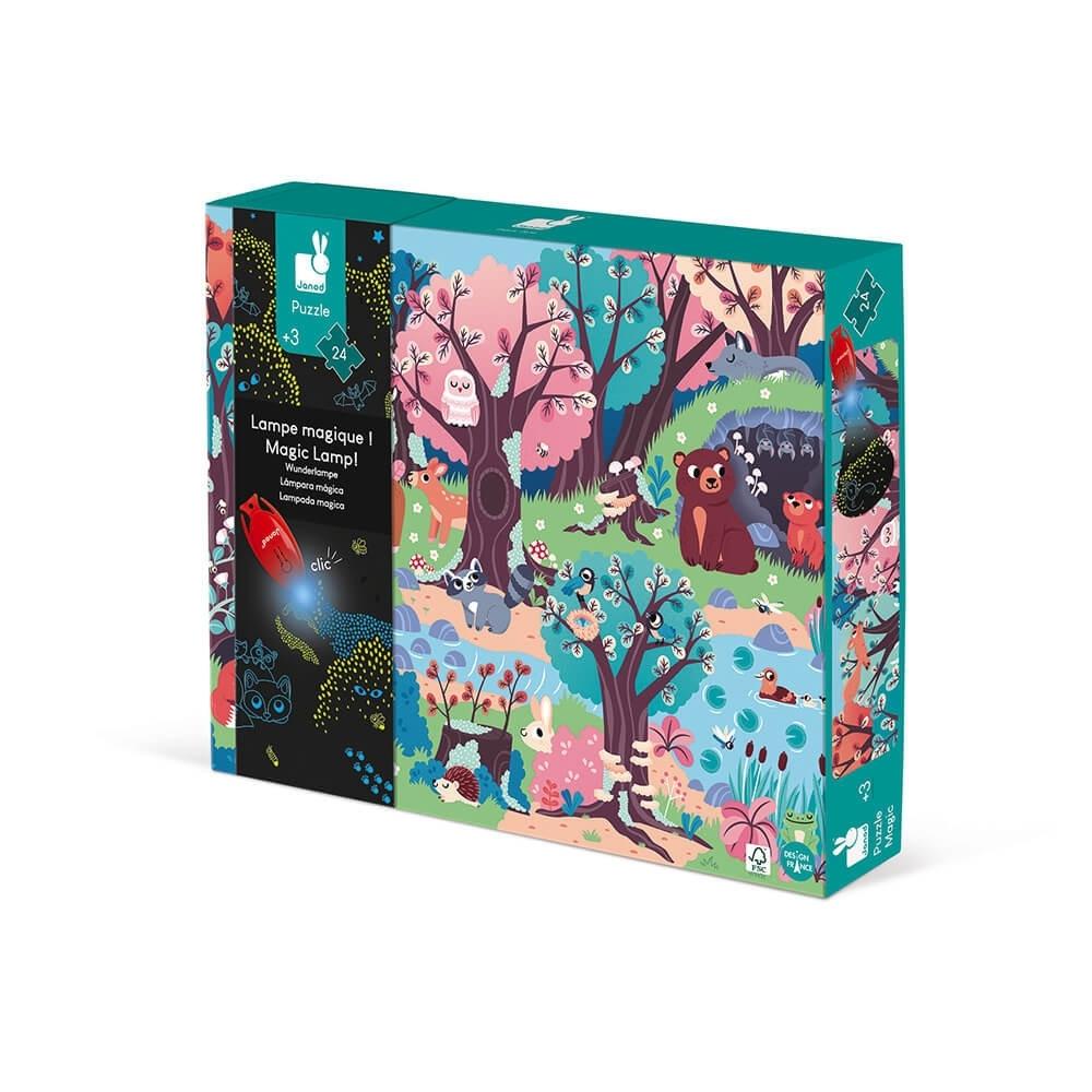 Janod Świecące puzzle dla dzieci z mini lampką UV Las 24 el.