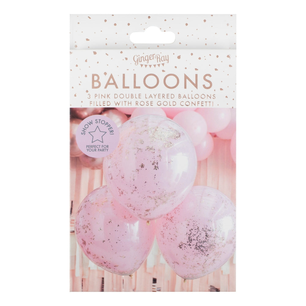 Gingerray balony foliowe Double Layered Pink and Rose Gold Confetti Balloons