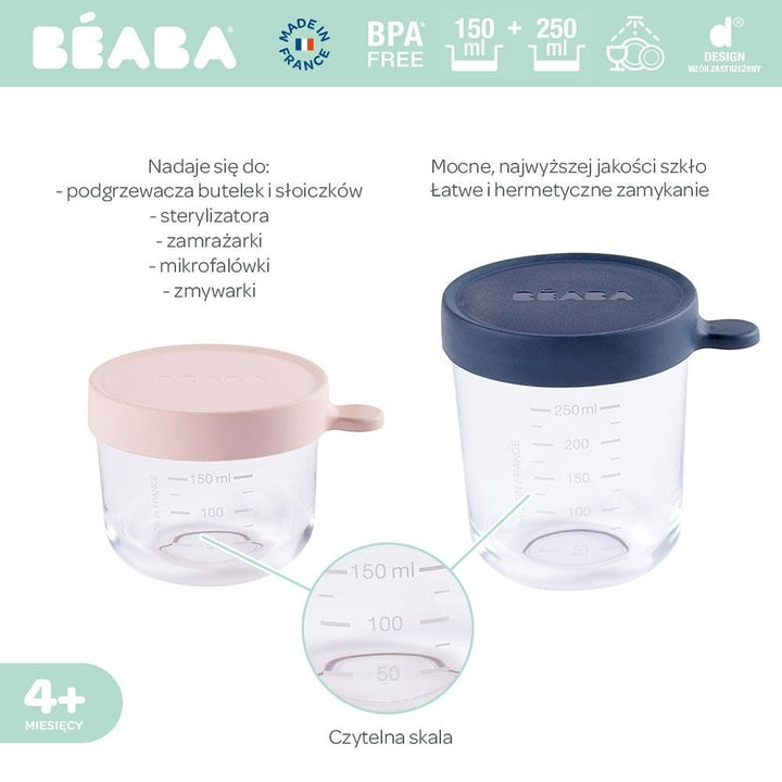 Beaba 2 pojemniki szklane do zamrażania i przechowywania 150 + 250 ml Pink