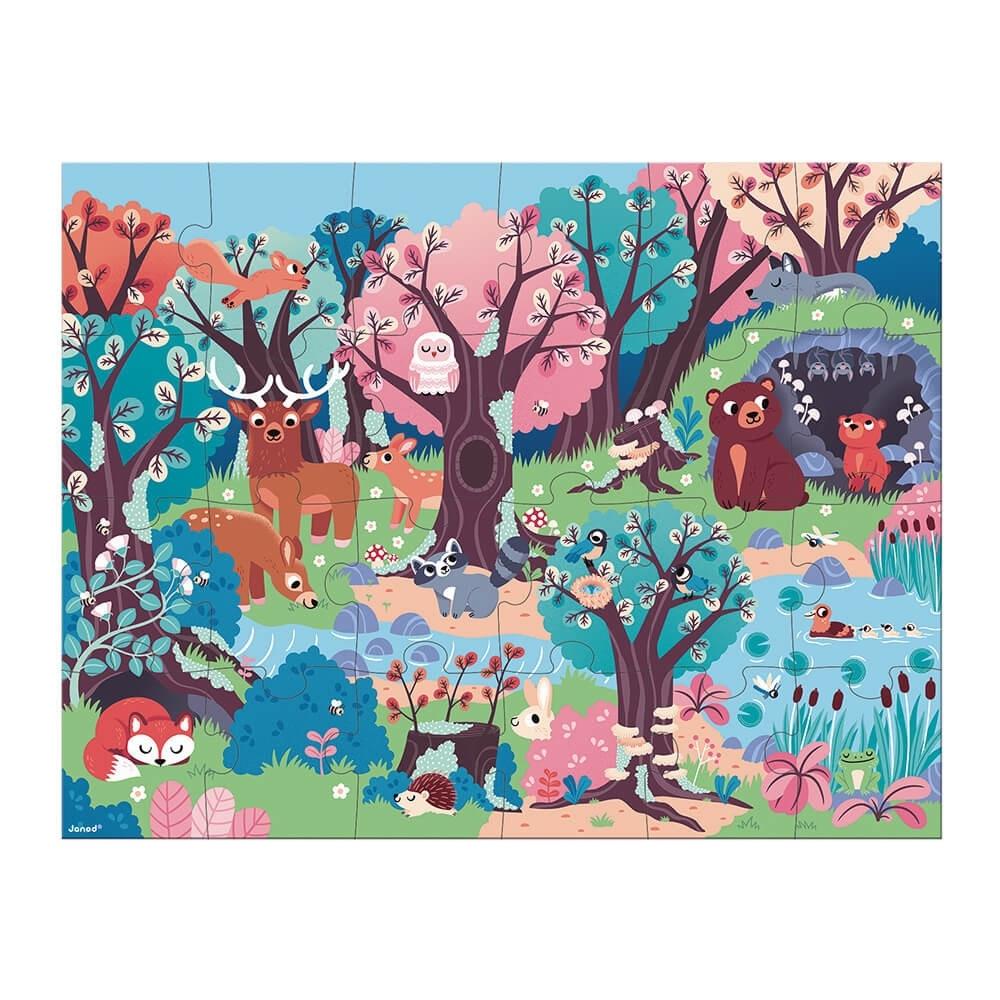 Janod Świecące puzzle dla dzieci z mini lampką UV Las 24 el.