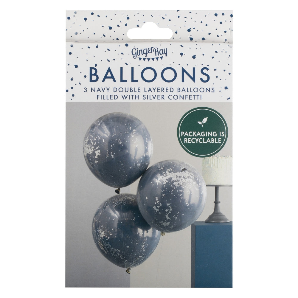 Gingerray balony foliowe Double Layered Navy and Silver Confetti Balloon Bundle
