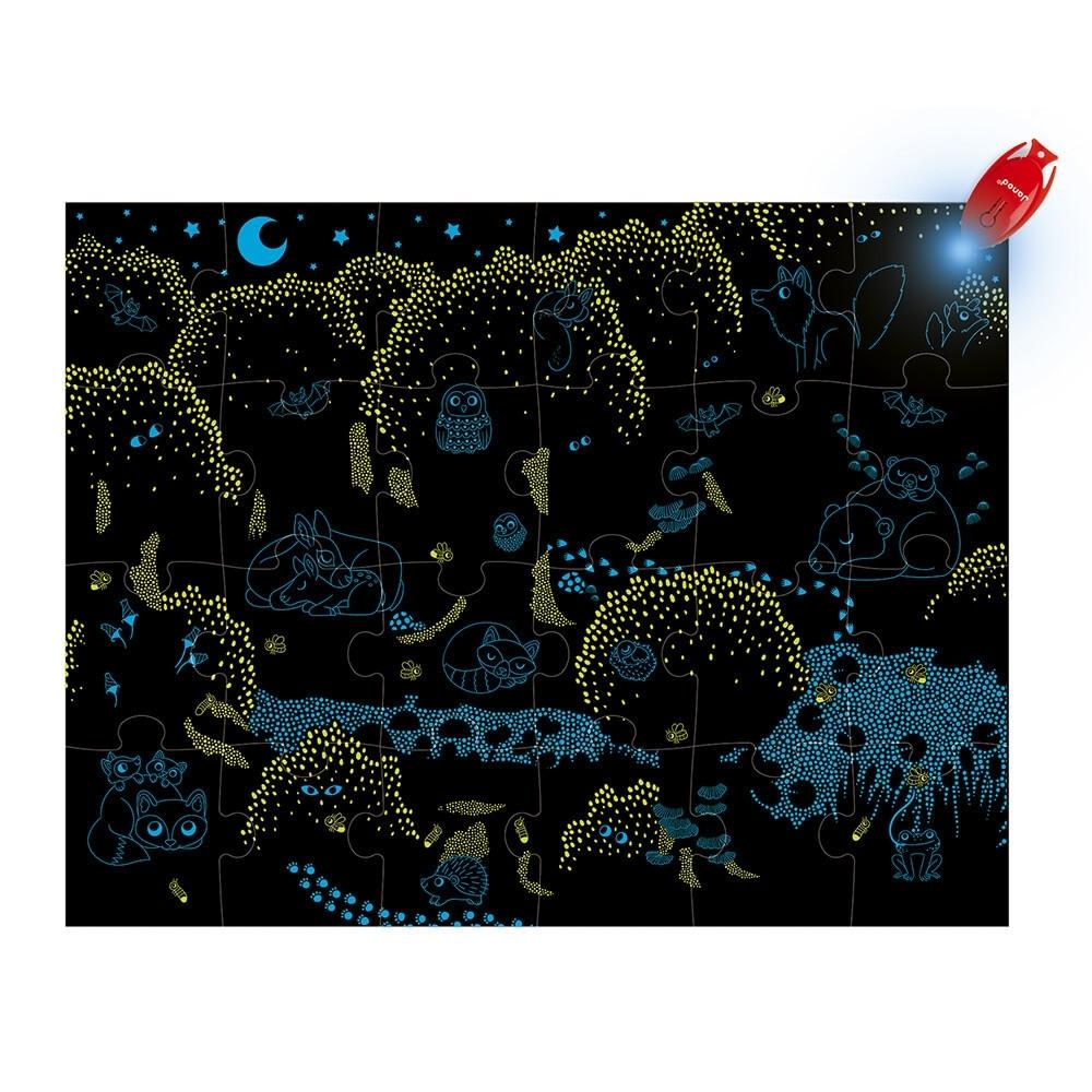 Janod Świecące puzzle dla dzieci z mini lampką UV Las 24 el.