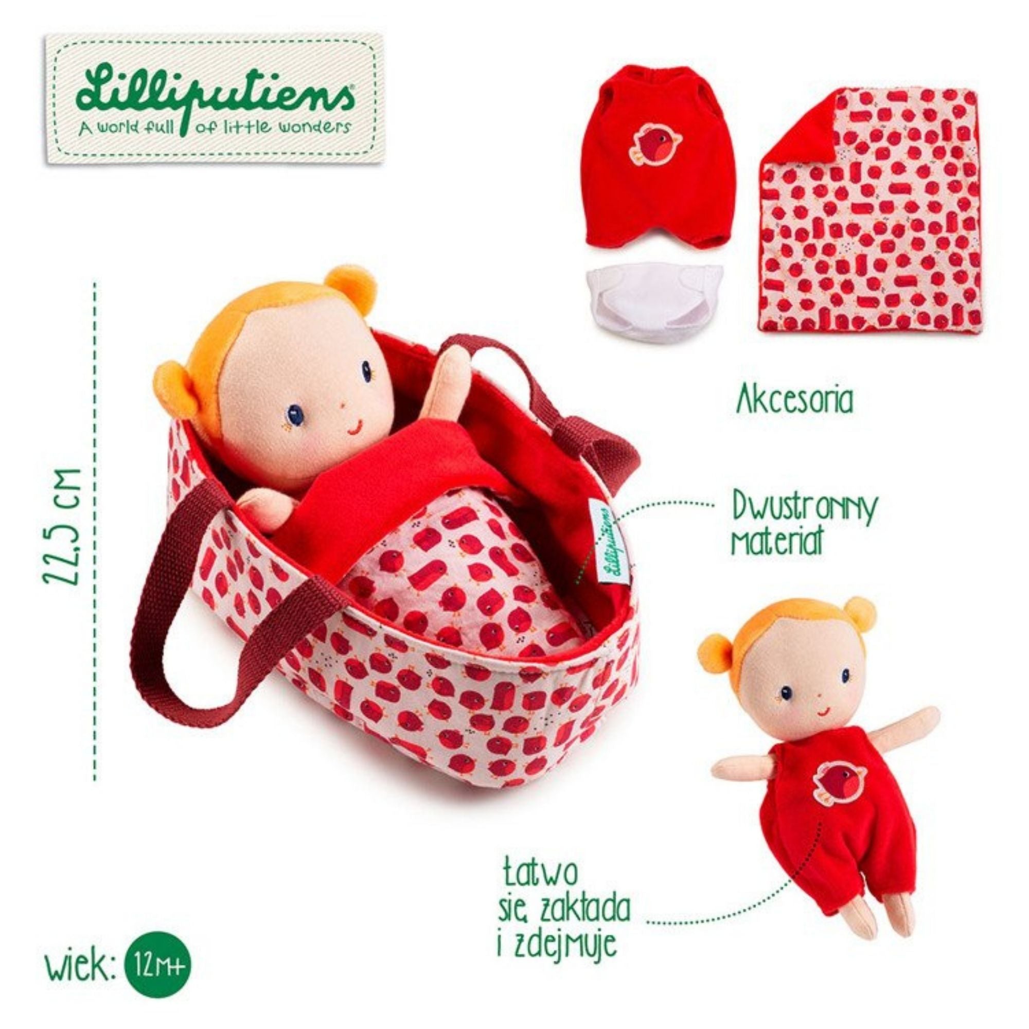 Lilliputiens Lalka dla dzieci Dzidziuś w koszyczku z ubrankiem i kocykiem Aghate 12m+ - 4kidspoint.pl