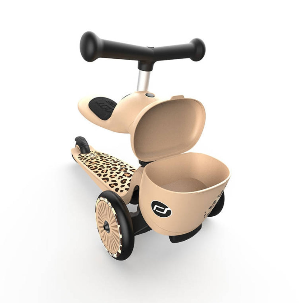 Scootandride Jeździk i hulajnoga dla dzieci z zamykanym schowkiem 1-5 lat Leopard