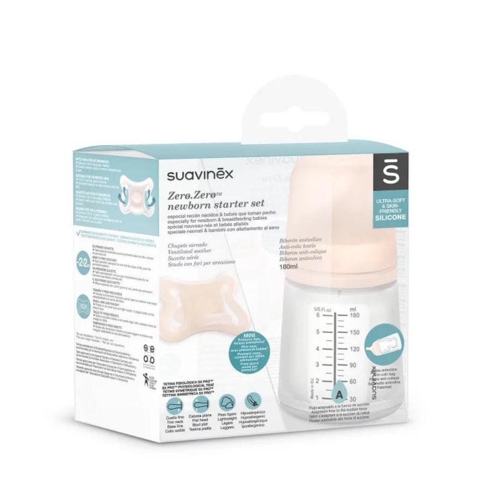 Suavinex zestaw startowy Zero butelka 180ml regulowany przepływ smoczek -2-2m
