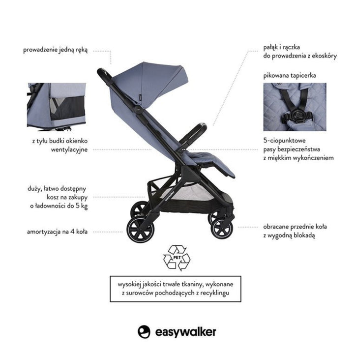 Easywalker wózek spacerowy samoskładający się z torbą transportową Steel Grey