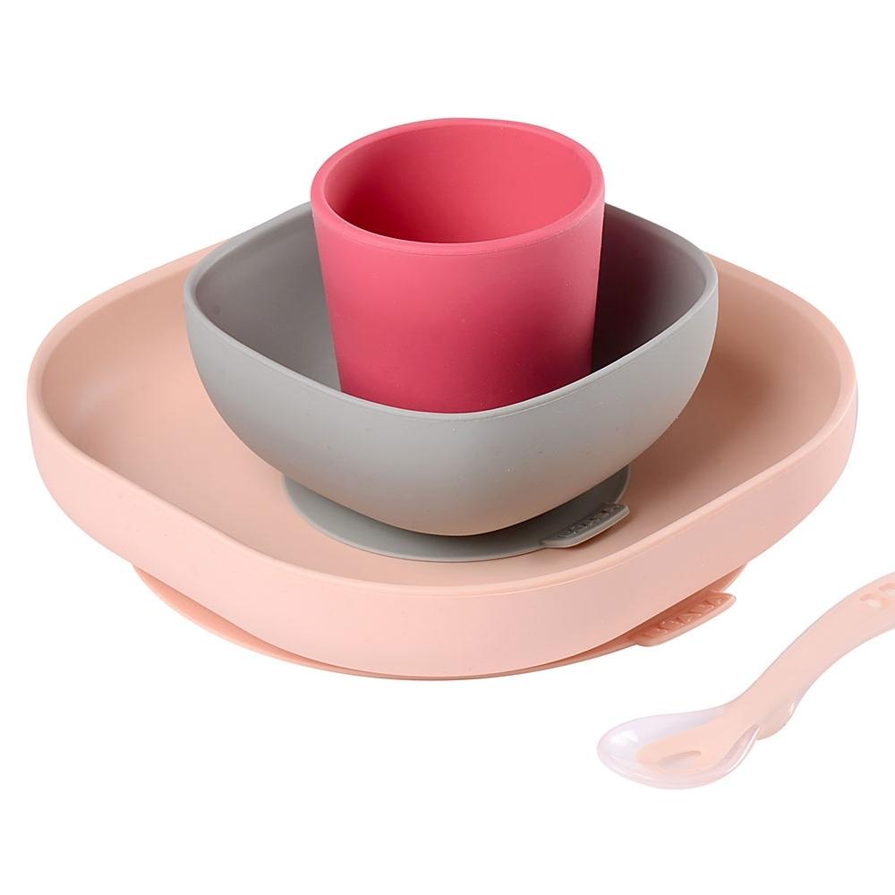 Beaba Zestaw obiadowy dla dzieci z silikonu z przyssawką Pink