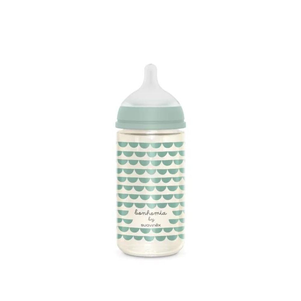 Suavinex Szklana butelka dla niemowląt 240 ml średni przepływ Szara sowa