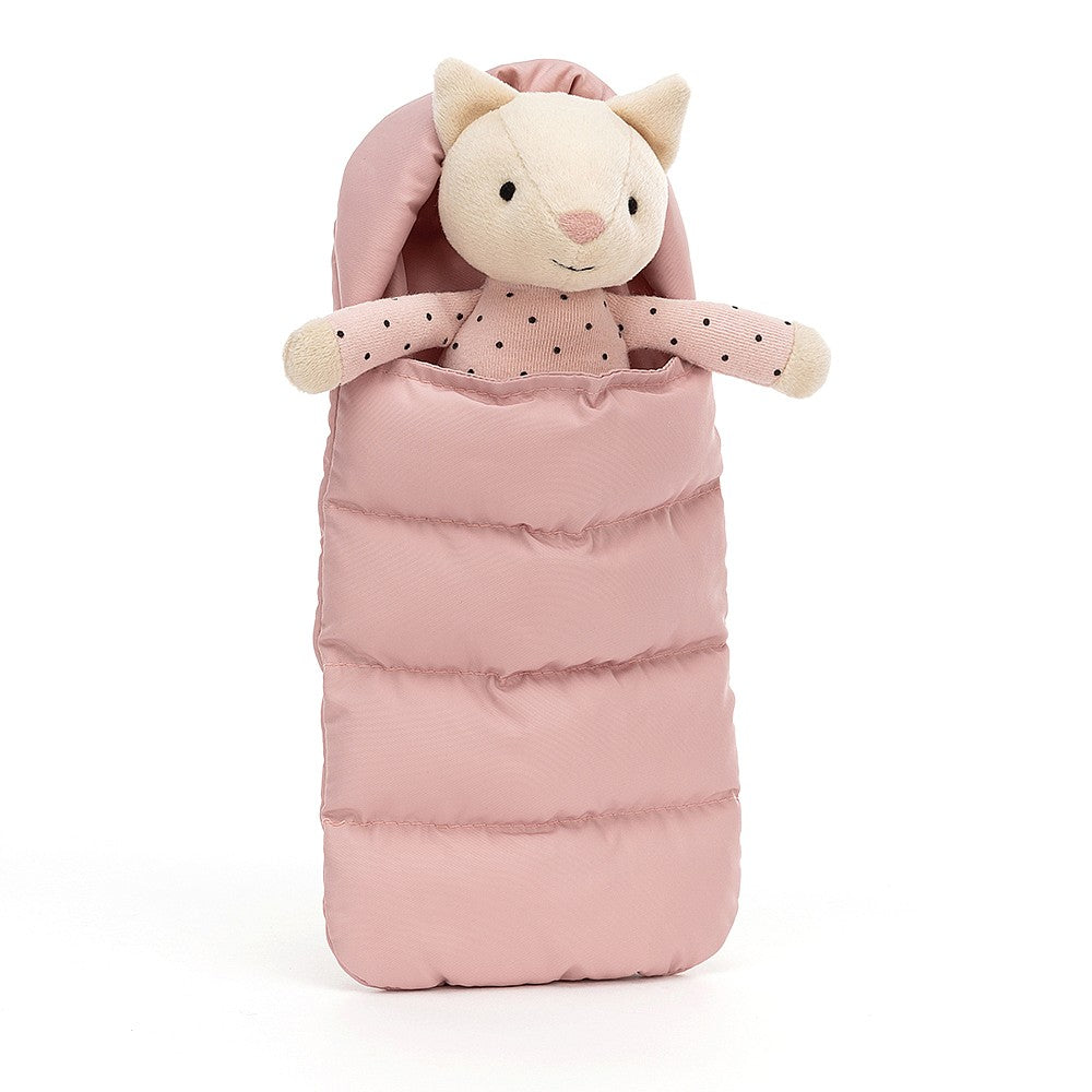 Jellycat Kot 23cm w śpiworku różowym