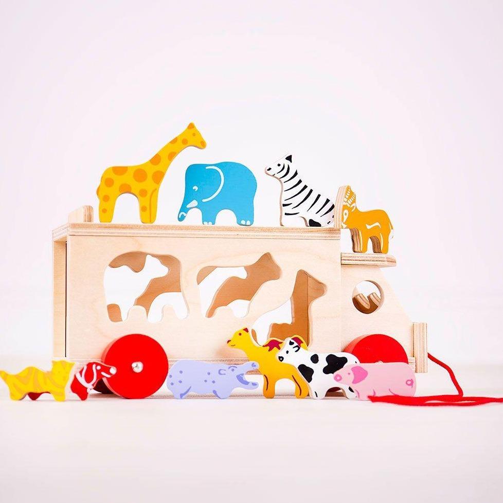 Bigjigs Toys Drewniany sorter dla dziecka Ciężarówka ze zwierzętami 18m+ - 4kidspoint.pl