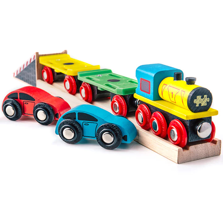 Bigjigs toys Pociąg do przewozu aut kolejka drewniana