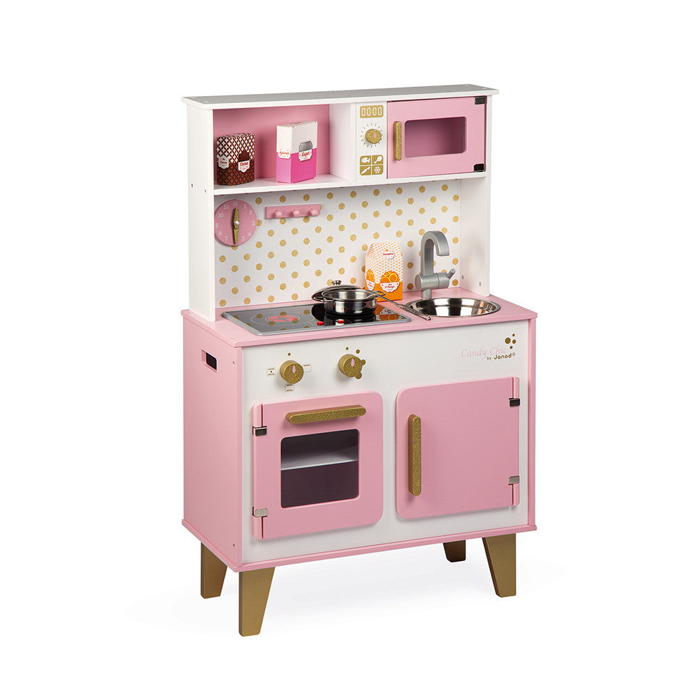 Janod Drewniana kuchnia dla dzieci z dźwiękiem i akcesoriami Candy Chic