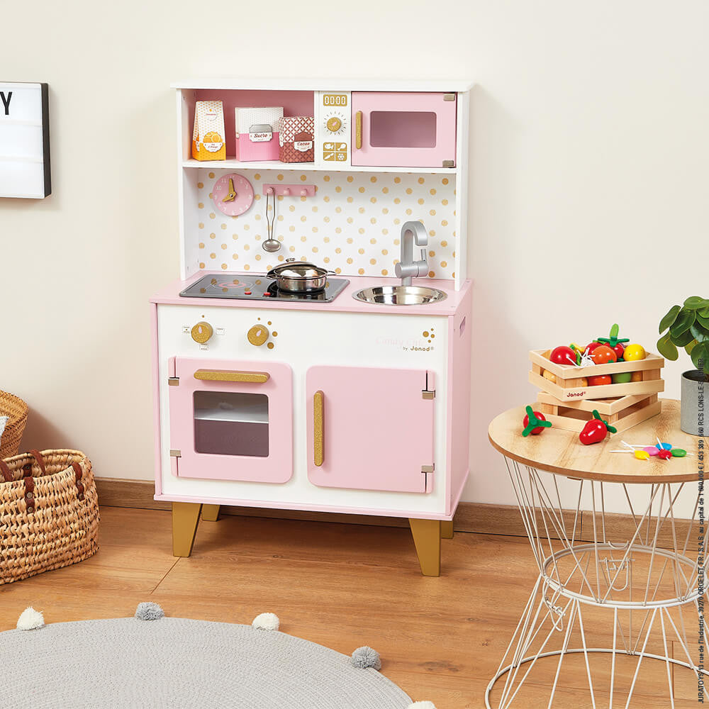 Janod Drewniana kuchnia dla dzieci z dźwiękiem i akcesoriami Candy Chic