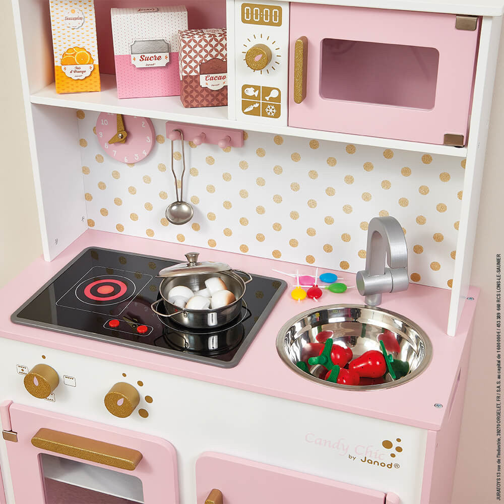Janod Drewniana kuchnia dla dzieci z dźwiękiem i akcesoriami Candy Chic