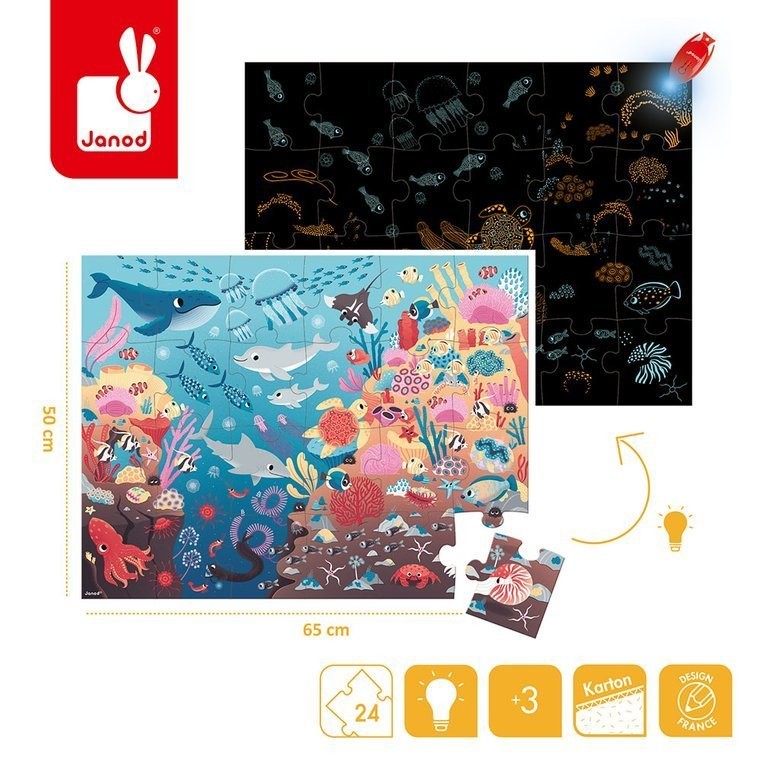 Janod Świecące puzzle dla dzieci z mini lampką UV Ocean 24 el. - 4kidspoint.pl